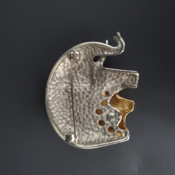VTG Mother & Baby Elephant Brooch Pin Matte Silver & Gold tone Rhinestone Eyes - Picture 4 of 5
